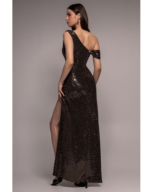 Goddiva Brown Cowl Neck Sequin Glitter Draped Maxi Dress