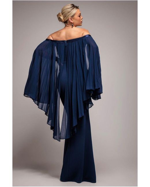 Goddiva Blue Strapless Maxi Dress With Pleated Chiffon Cape