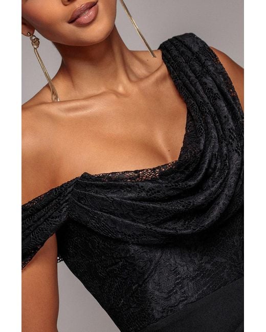Goddiva Gray Lace Cowl One Shoulder Scuba Crepe Maxi Dress