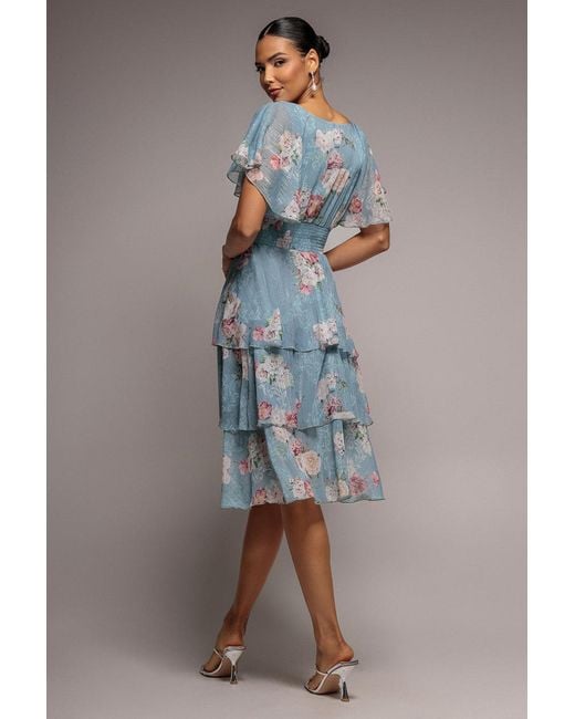 Goddiva Gray Layered Floral Midi With Flutter Sleeves