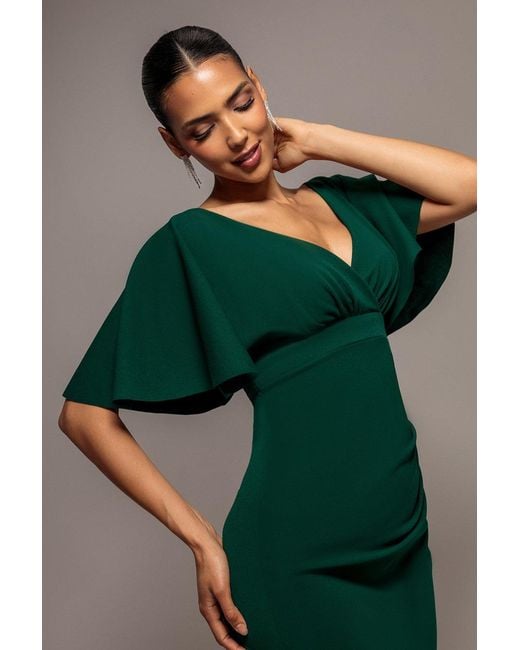 Goddiva Green Flutter Sleeve Wrap Midi Dress
