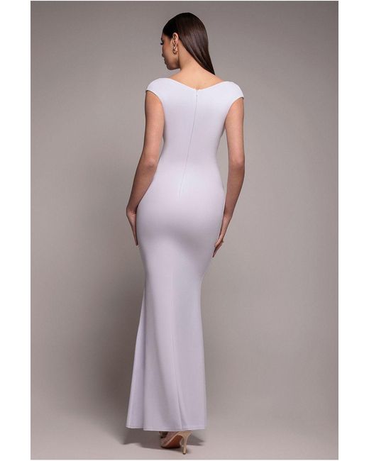Goddiva Purple Bardot Pleated Maxi Dress