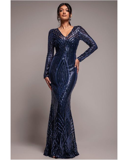 Goddiva Blue Two Toned V Neck Sequin Maxi