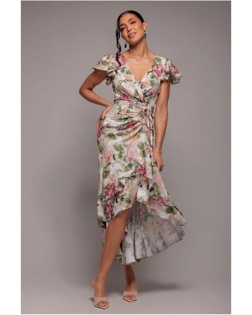Goddiva Brown Floral Wrap High And Low Midaxi Dress