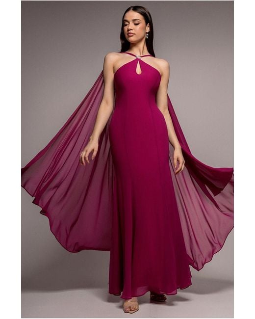 Goddiva Purple Multiway Cape Chiffon With Embellished Trim Maxi Dress