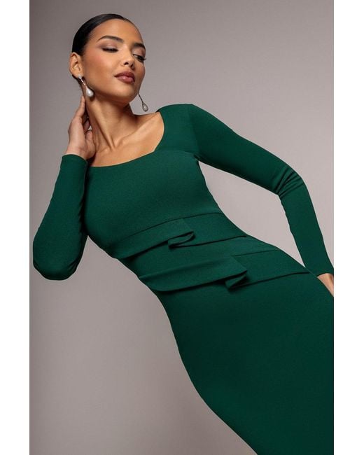 Goddiva Green Scuba Crepe Side Neck Bodycon Midi Dress