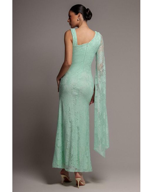Goddiva Green One Shoulder Cape Sleeve Pleated Lace Maxi Dress