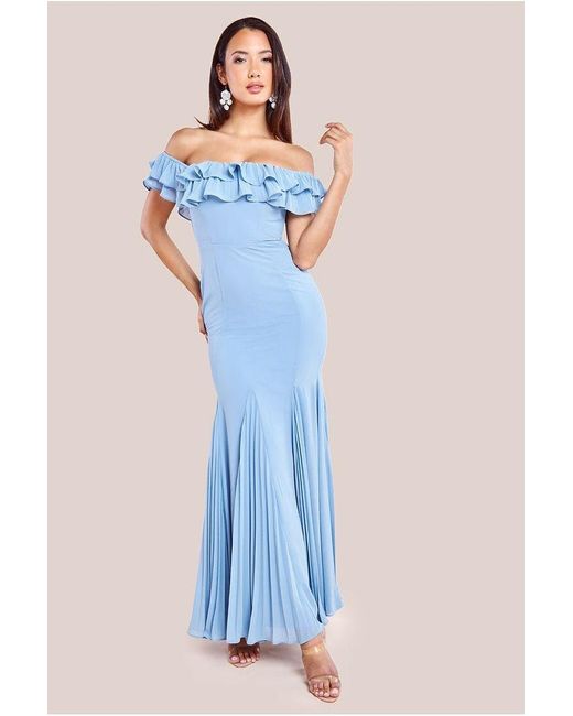 Goddiva Blue Frilled Off The Shoulder Pleated Chiffon Maxi Dress