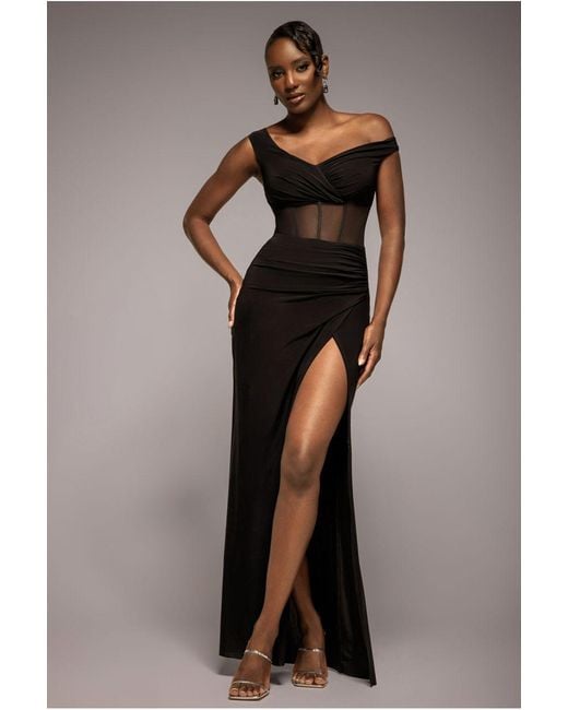 Goddiva Gray Off The Shoulder Corset Waist Mesh Wrap Skirt Soft Touch Maxi Dress