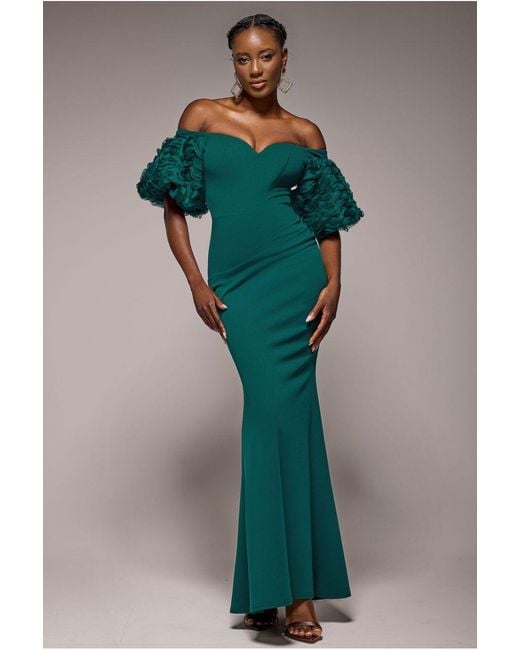 Goddiva Green Off The Shoulder 3D Puffed Sleeve Sweetheart Maxi Dress