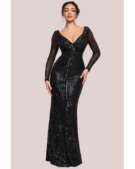 Goddiva Black Long Sleeve Sequin V Wrap Maxi Dress