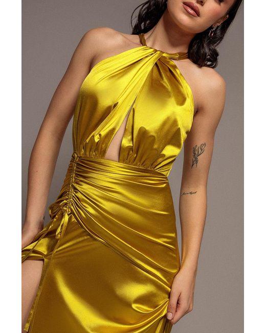 Goddiva Yellow Halter Neck Front Split Satin Maxi Dress