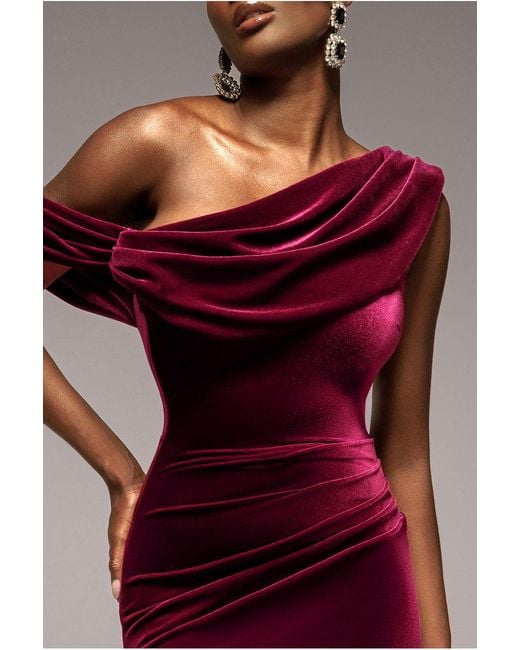 Goddiva Red Cowl One Shoulder Velvet Maxi Dress