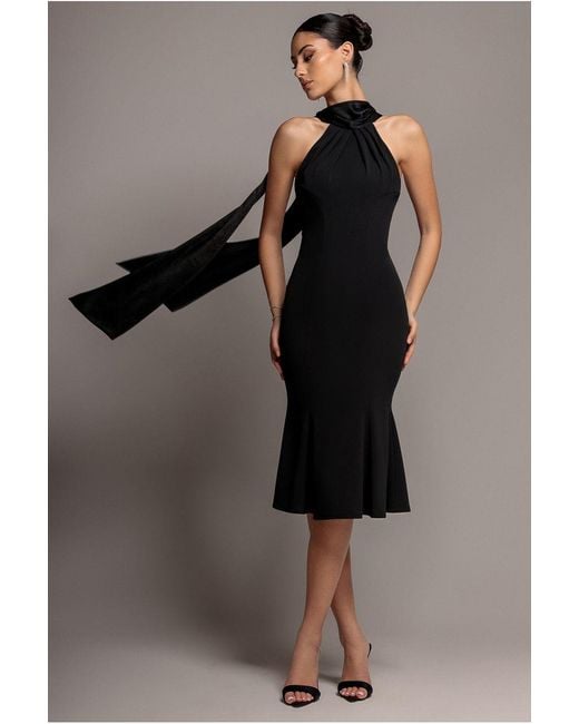 Goddiva Black Scuba & Soft Satin Halterneck Midi Dress With Back Sash