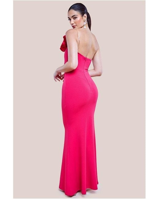 Goddiva Pink Satin Corsage Scuba Crepe Maxi Dress