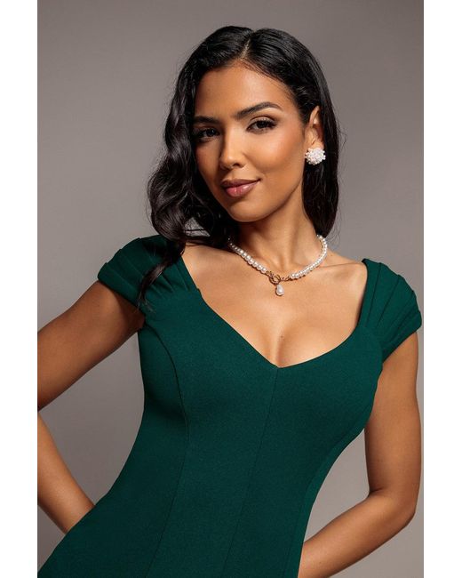 Goddiva Green Capped Sleeve V Neck Pleated Fit & Flare Maxi Dress