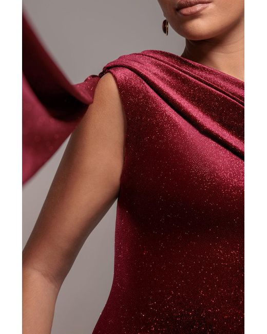 Goddiva Red Glitter Velvet Sash One Shoulder Bardot Maxi Dress