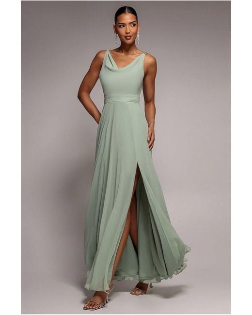 Goddiva Multicolor Chiffon Cowl Twisted Rope Strap Lace-Up Flared Maxi Dress