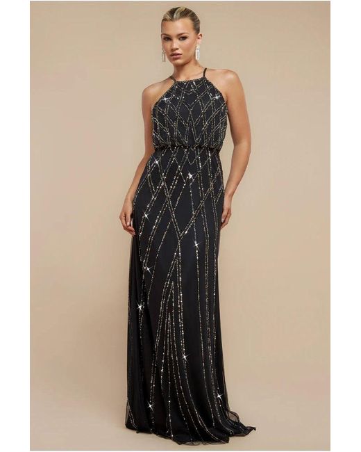 Goddiva Blue Racer Neck Sleeveless Hand Embellished Sequin Maxi Dress