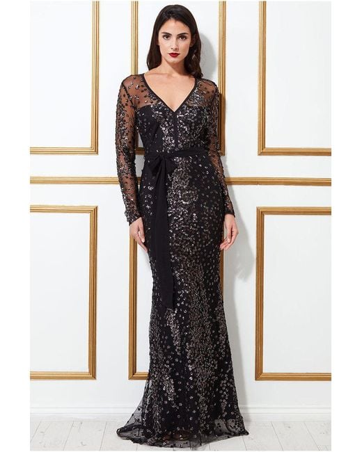 Goddiva Black Spread On Sequin Maxi Dress With Belt