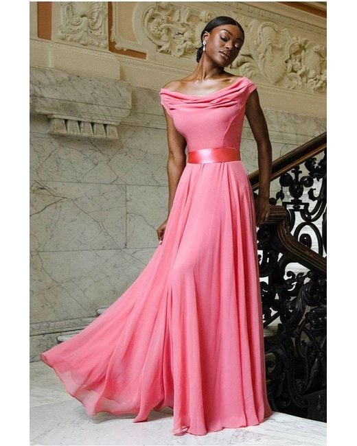 Goddiva Pink Cowl Neck A-Line Chiffon Maxi Dress
