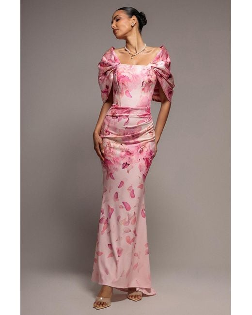 Goddiva Pink Printed Off Shoulder Satin Bow Back Maxi Dress