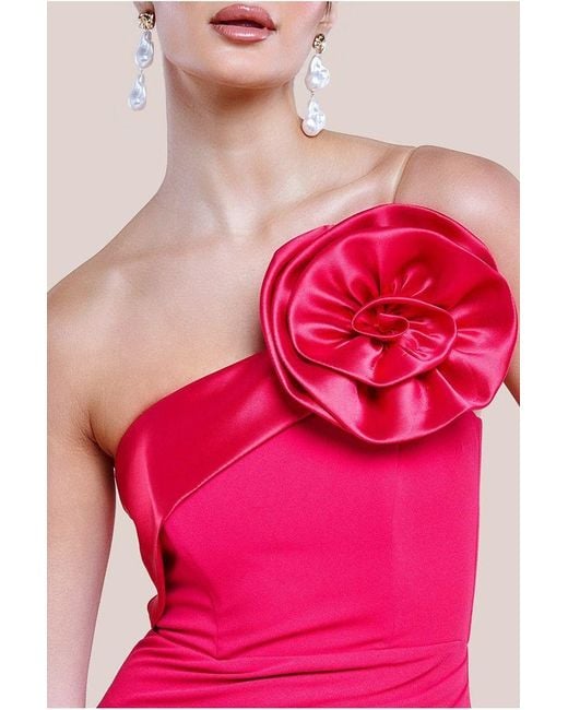 Goddiva Pink Satin Corsage Scuba Crepe Maxi Dress