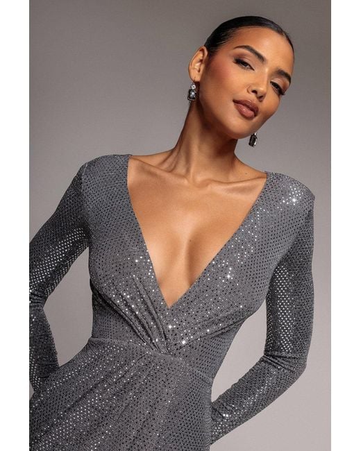 Goddiva Gray Sequined Lurex Long Sleeve Wrap Midi Dress