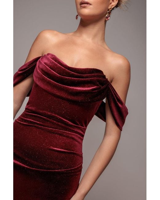 Goddiva Red Glitter Velvet Cowl Neck Pleated Waist Maxi Dress