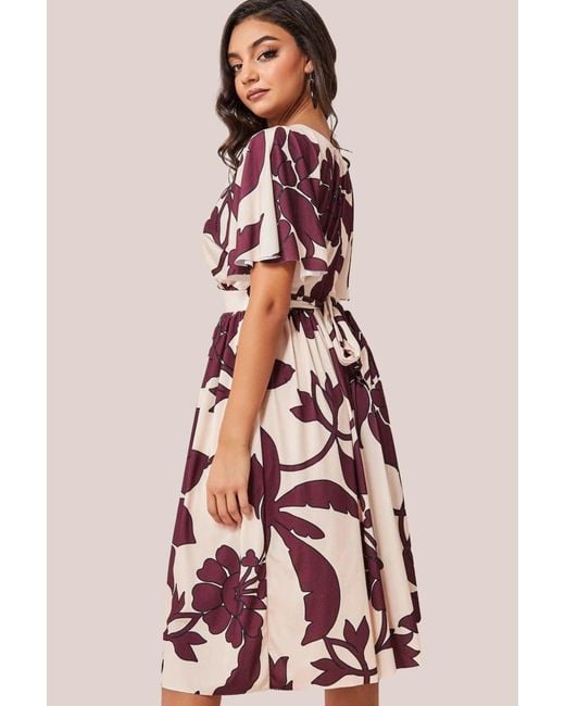 Goddiva Pink Leaf Print Flutter Sleeve Midi