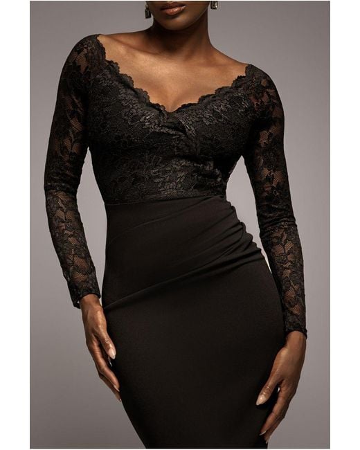 Goddiva Black Scalloped Lace Bodice Long Sleeve Bardot Maxi Dress