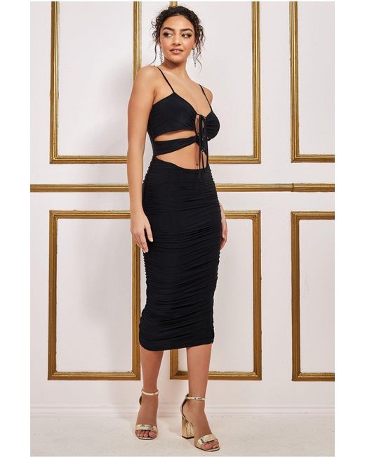 City Goddess Black Cut Out Ruched Midi With Drawstring