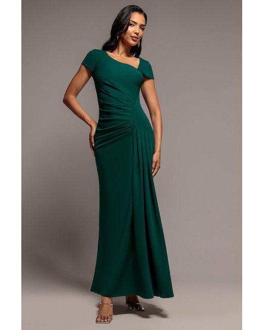 Goddiva Green Cap Sleeve Pleated Asymmetric Maxi Dress