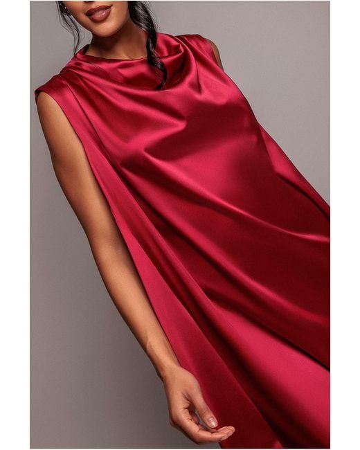 Goddiva Red Cowl Neck Back Wing Satin High Low Midi Dress