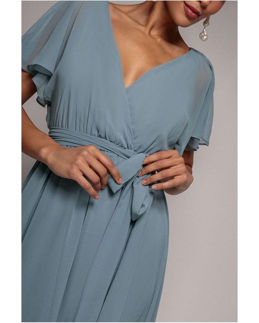 Goddiva Blue Chiffon Flutter Sleeve Wrap Midi Dress