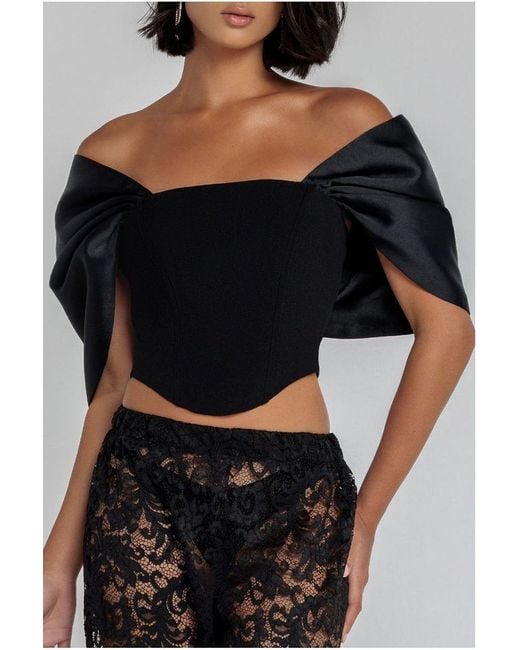 Goddiva Black Off Shoulder Back Satin Bow Scuba Corset