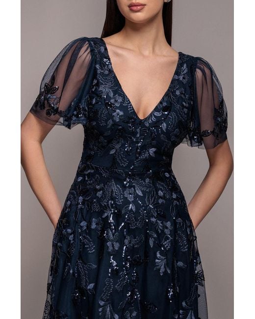 Goddiva Blue Flared Sleeve Embroidered Maxi Dress