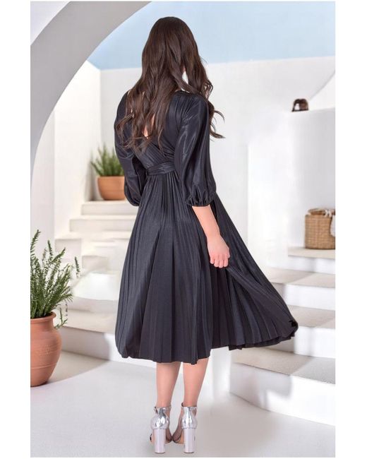 Goddiva Black Satin Pleated Skirt Wrap Midi Dress