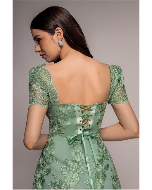 Goddiva Green Scallop Edge Corset Back Structured Lace Mini Dress