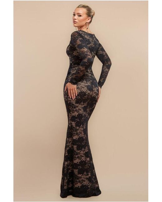 Goddiva Black Scalloped Lace Corset Bodice Maxi Dress