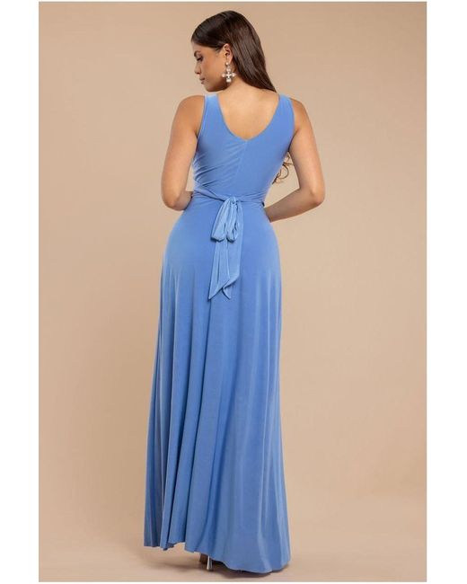 Goddiva Blue Diamante & Scalloped Lace Neck Maxi Dress