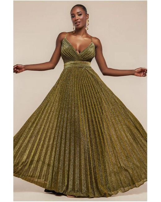 Goddiva Green Sleeveless Pleated A Line Lurex Maxi Dress
