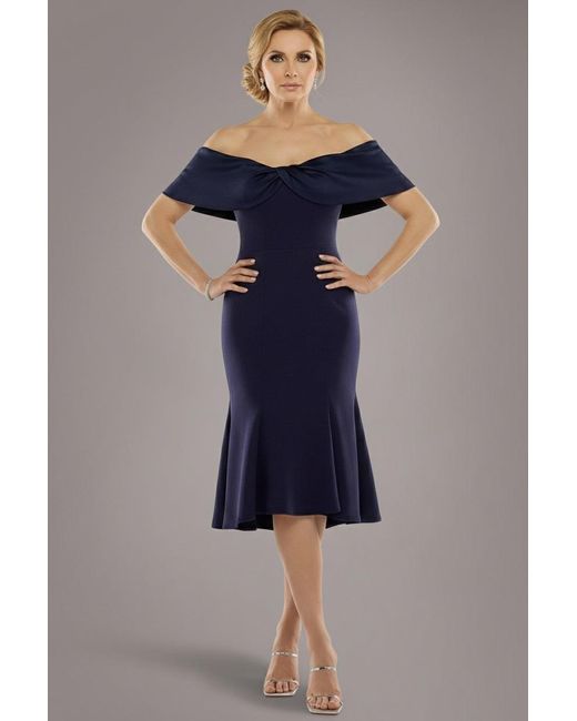 Goddiva Twist Knot Satin & Scuba Bardot Maxi Dress - Navy Blue