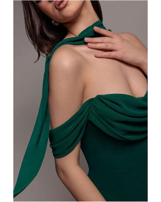 Goddiva Green Chiffon Cowl Off Shoulder Wing Tiered Midi Dress