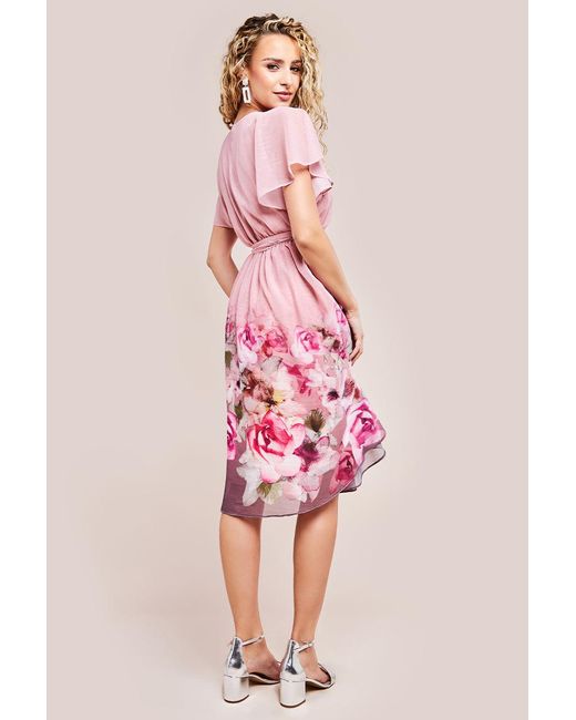 Goddiva Pink Chiffon Lurex Floral Border Print Midi Dress