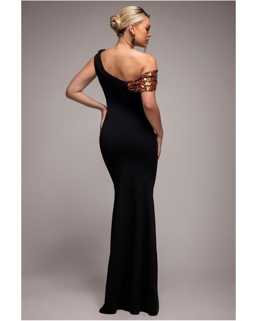 Goddiva Blue Cowl One Shoulder Contrast Sequin & Scuba Crepe Maxi Dress