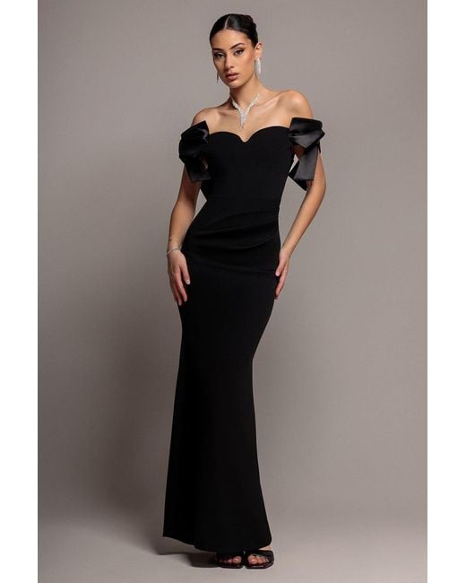 Goddiva Black Satin Bow Bardot Sheath Maxi Dress