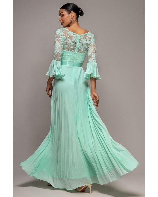 Goddiva Green Scalloped Lace Bodice Pleated Chiffon A Line Maxi Dress