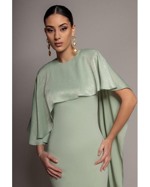 Goddiva Green Scoop Neck Velvet Satin Cape Sleeve Maxi Dress
