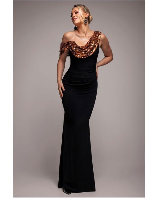 Goddiva Blue Cowl One Shoulder Contrast Sequin & Scuba Crepe Maxi Dress
